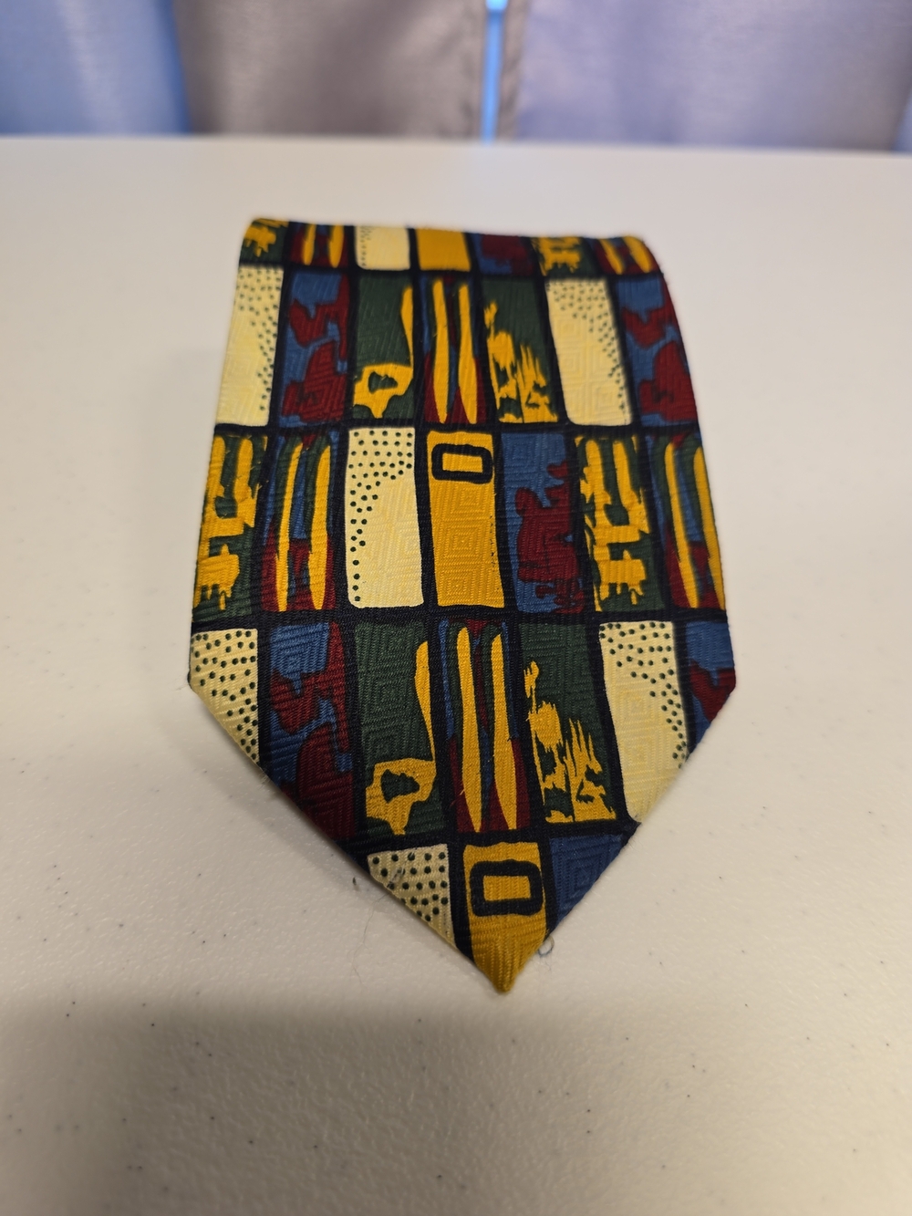 Classic Geometric Pattern Tie in Yellow, Blue, Green, Burgundy